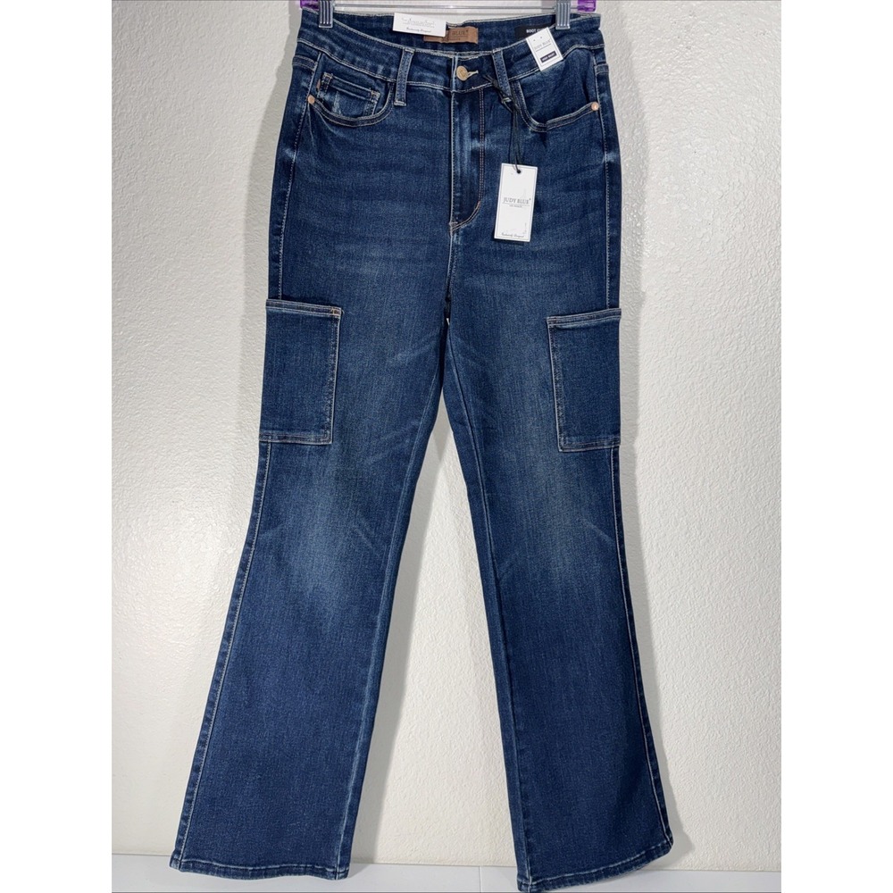 NWT‎ 😎 Judy Blue High Waist Cargo Bootcut  Jeans Womens 7/28 Dark Blue